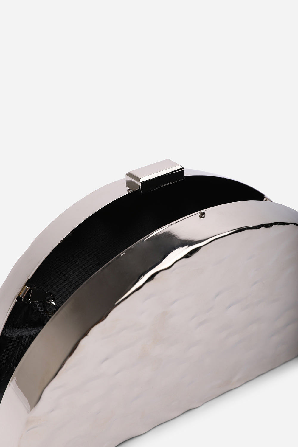 Olive Sculpted Metal Half-Moon Clutch Bag in Silver