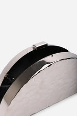 Olive Sculpted Metal Half-Moon Clutch Bag in Silver