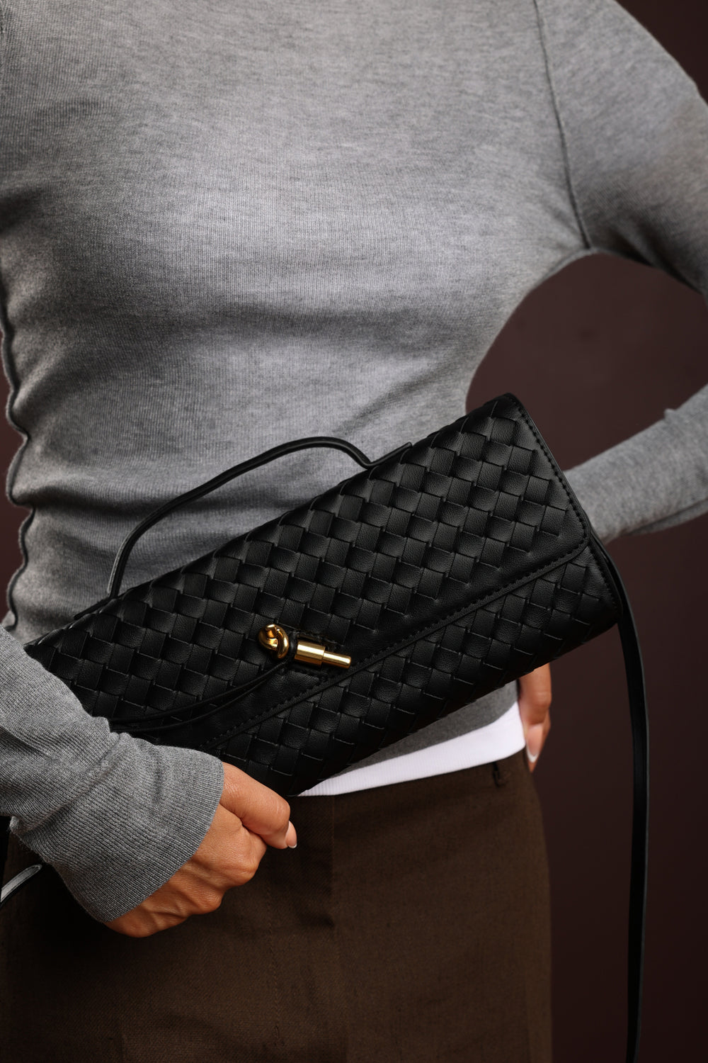 Petal Envelope Style Woven Clutch Bag in Black