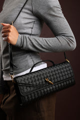 Petal Envelope Style Woven Clutch Bag in Black