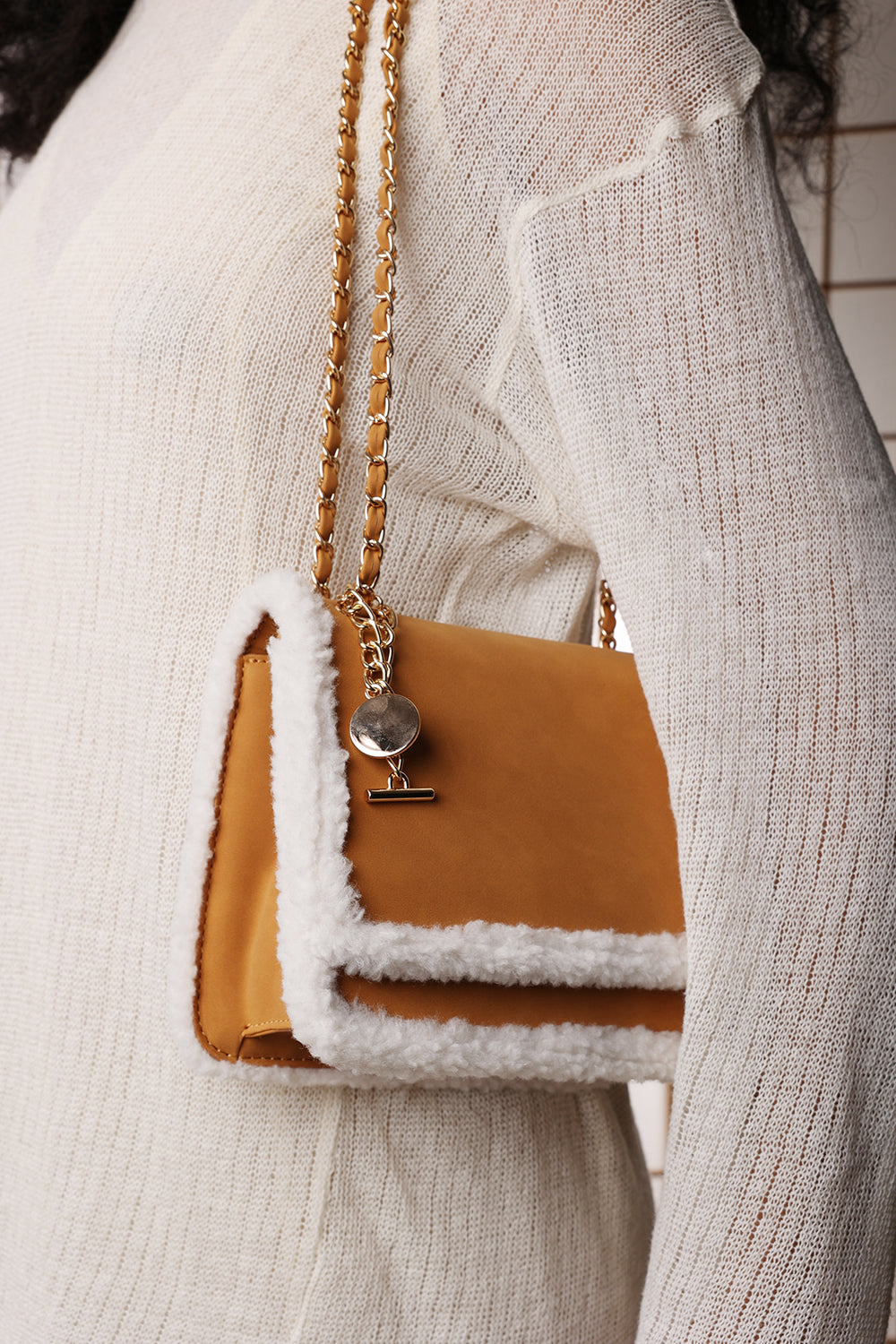Freesia Top Handle Satchel Borg Trim Tote Bag In Tan
