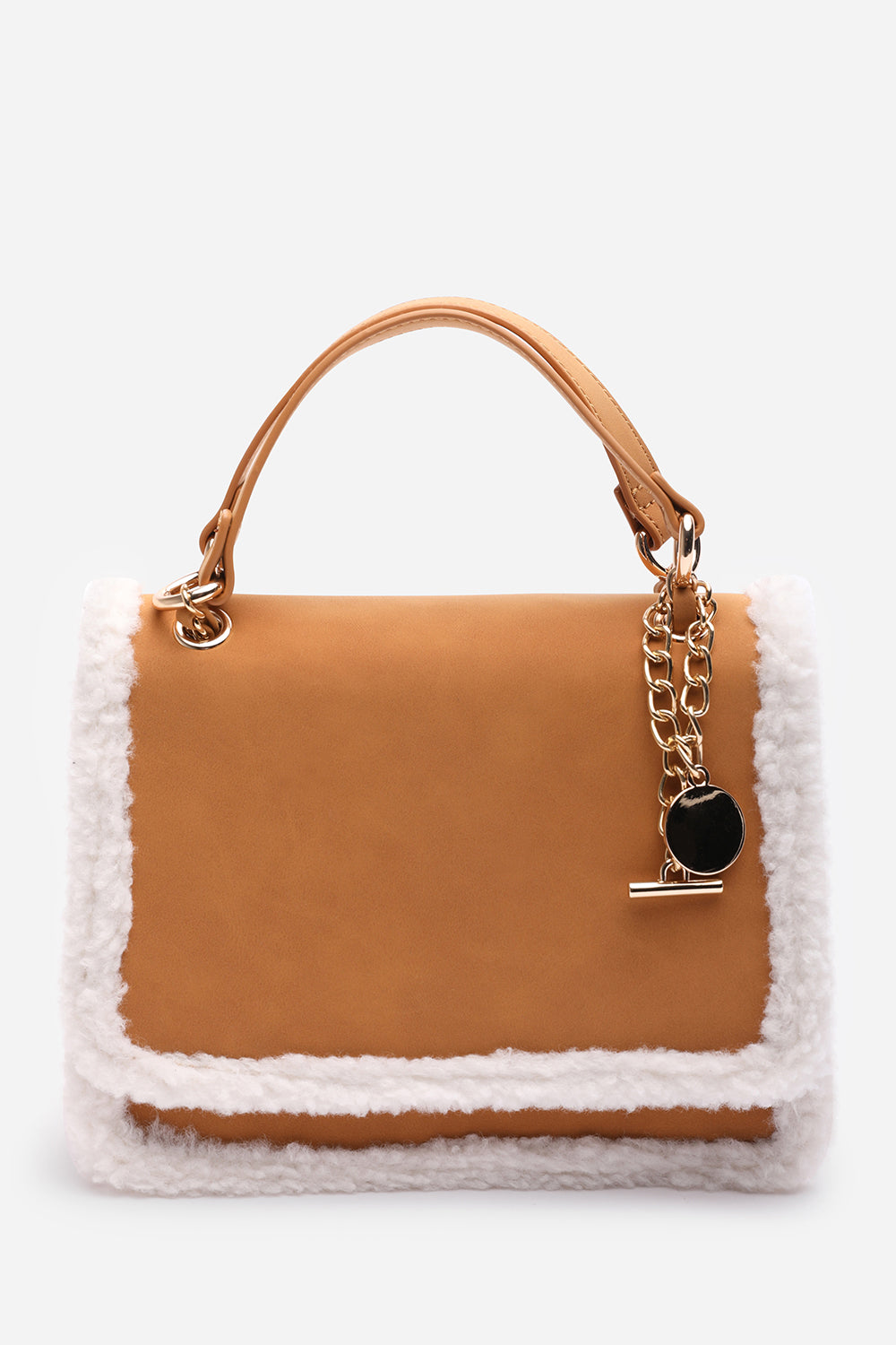 Freesia Top Handle Satchel Borg Trim Tote Bag In Tan