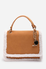Freesia Top Handle Satchel Borg Trim Tote Bag In Tan