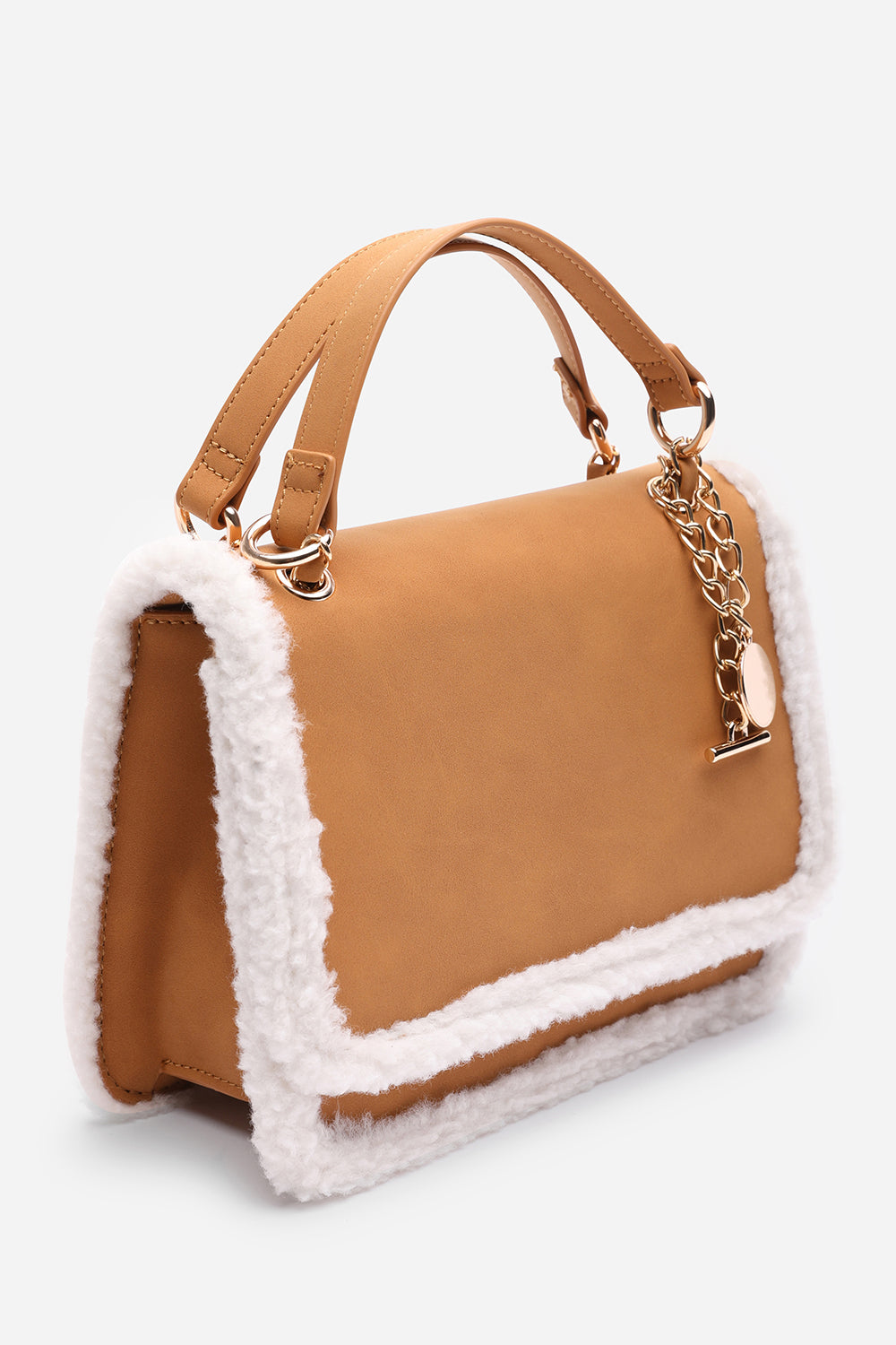 Freesia Top Handle Satchel Borg Trim Tote Bag In Tan