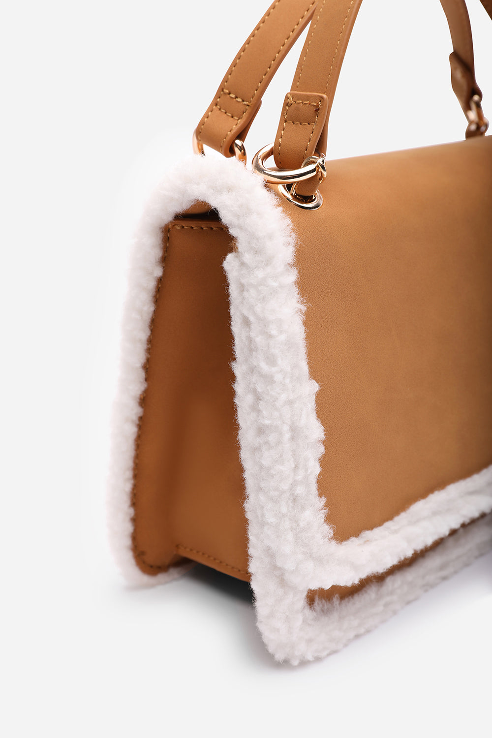 Freesia Top Handle Satchel Borg Trim Tote Bag In Tan