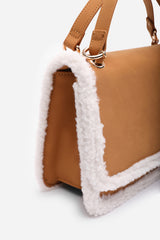 Freesia Top Handle Satchel Borg Trim Tote Bag In Tan