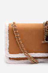 Freesia Top Handle Satchel Borg Trim Tote Bag In Tan