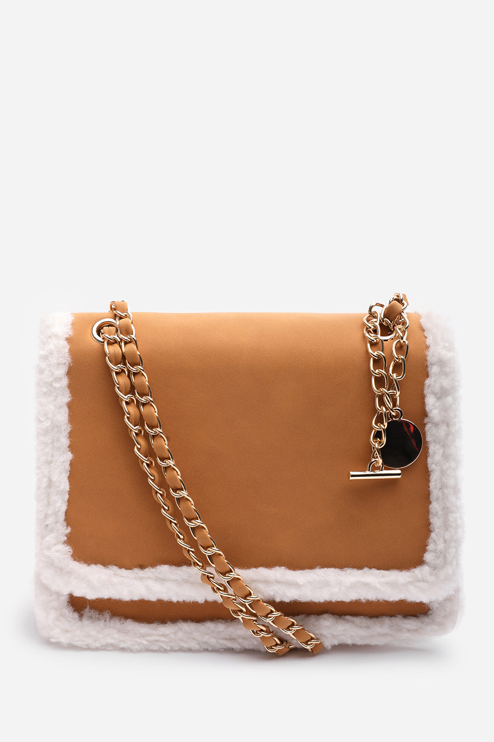 Freesia Top Handle Satchel Borg Trim Tote Bag In Tan