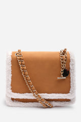 Freesia Top Handle Satchel Borg Trim Tote Bag In Tan