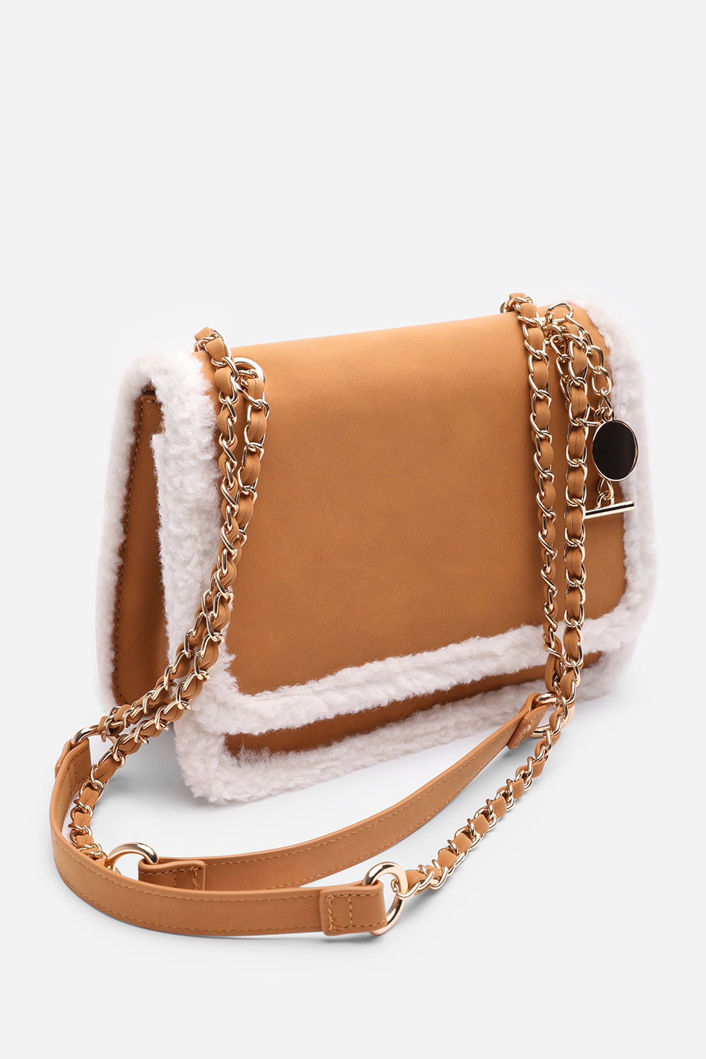 Freesia Top Handle Satchel Borg Trim Tote Bag In Tan