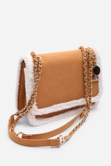 Freesia Top Handle Satchel Borg Trim Tote Bag In Tan