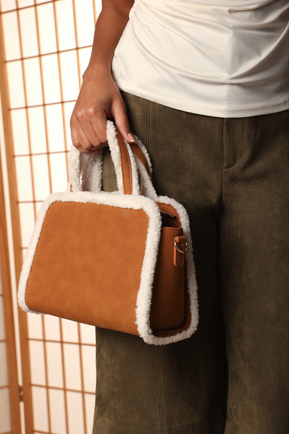 Kismet Borg Trim Tote Bag with Cross Body Strap In Tan