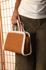 Kismet Borg Trim Tote Bag with Cross Body Strap In Tan