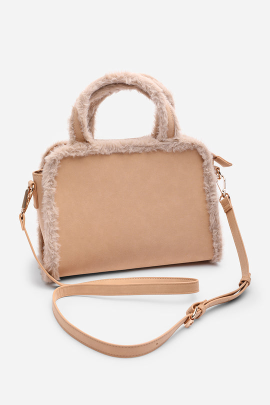 Kismet Borg Trim Tote Bag with Cross Body Strap In Camel