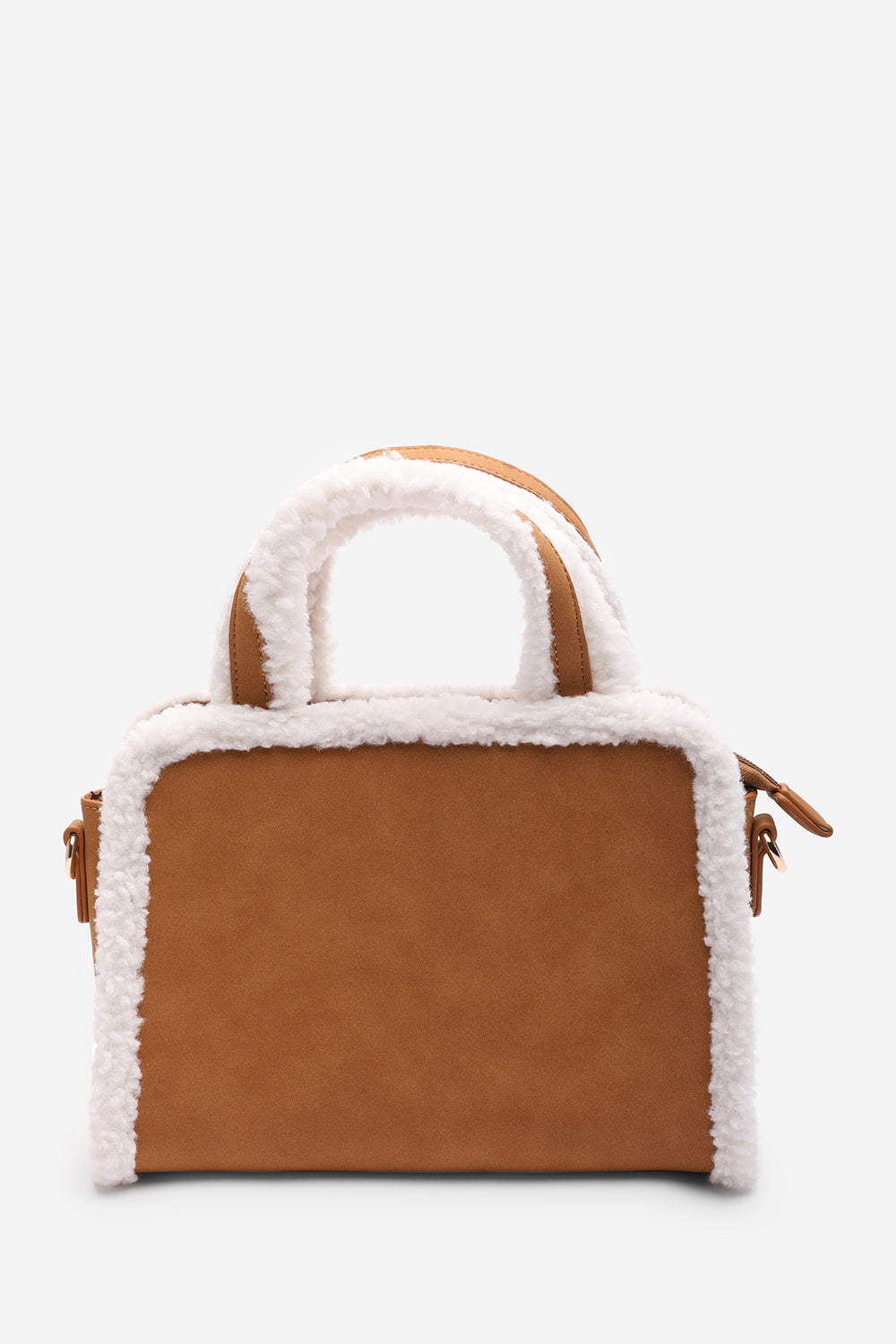 Kismet Borg Trim Tote Bag with Cross Body Strap In Tan