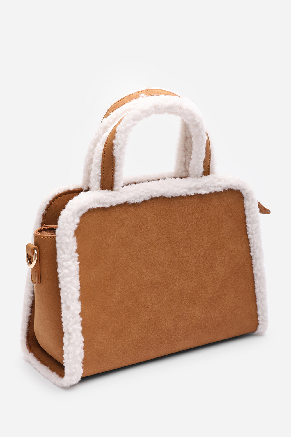 Kismet Borg Trim Tote Bag with Cross Body Strap In Tan