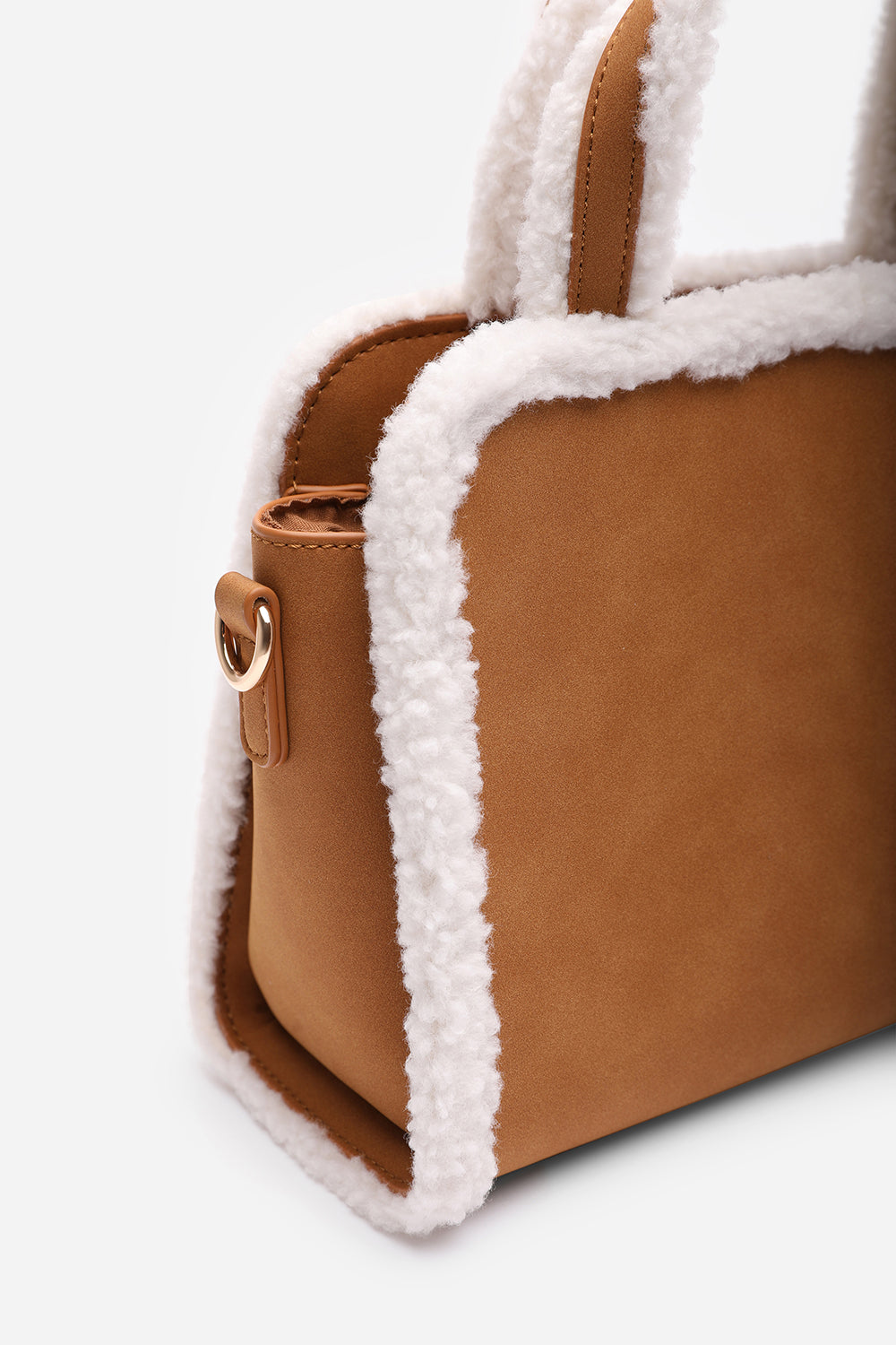 Kismet Borg Trim Tote Bag with Cross Body Strap In Tan