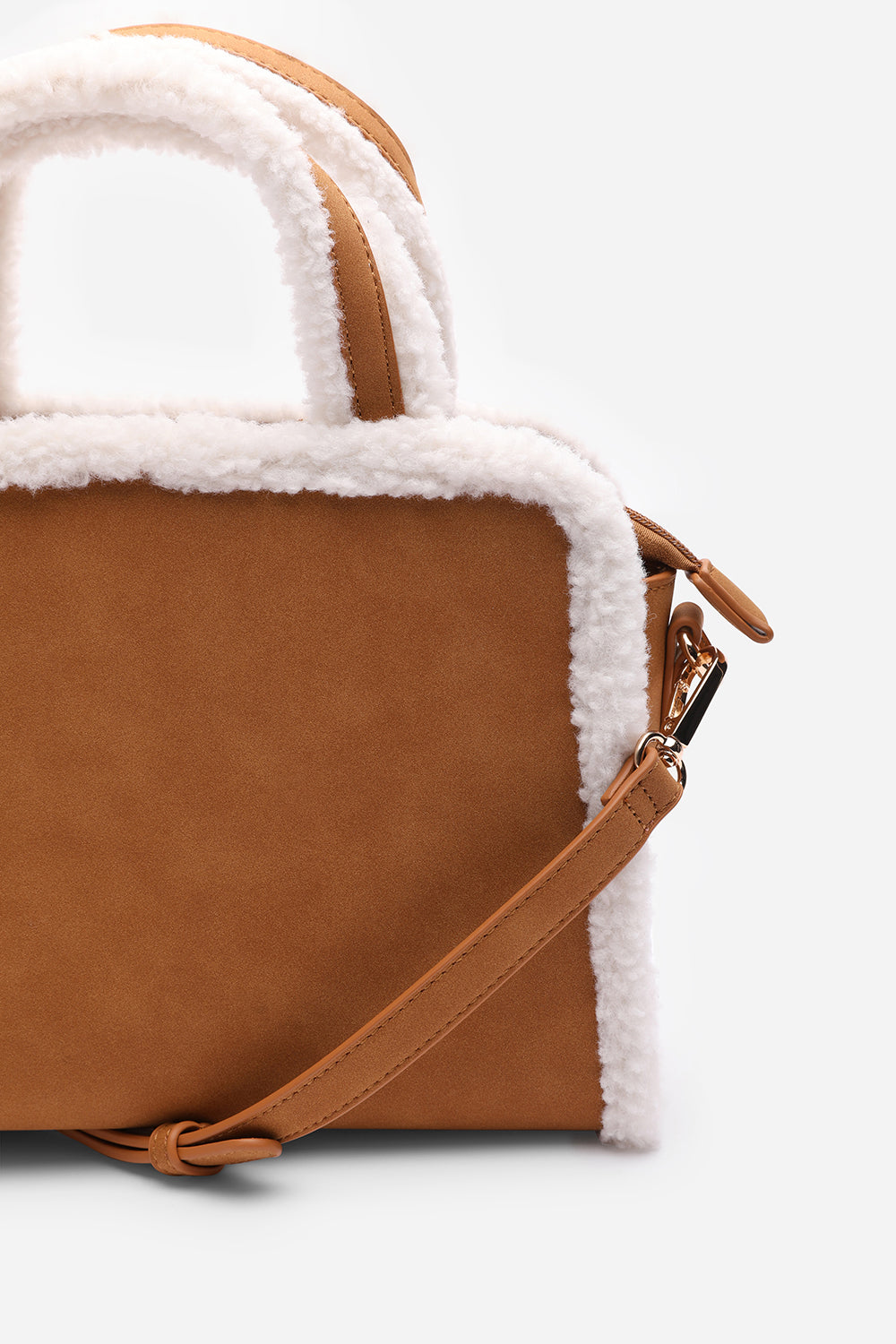 Kismet Borg Trim Tote Bag with Cross Body Strap In Tan