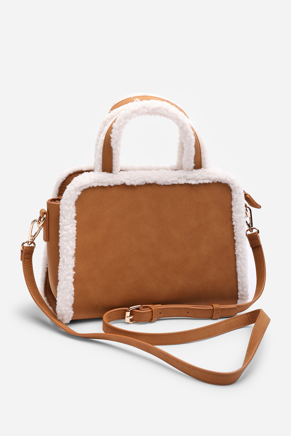 Kismet Borg Trim Tote Bag with Cross Body Strap In Tan