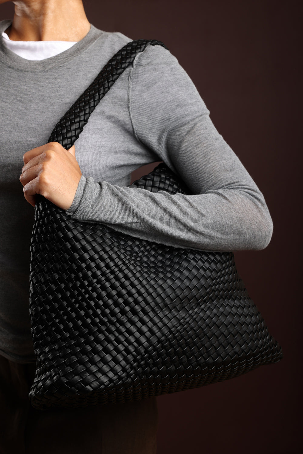 Stone Weave Detail Black Faux Leather Shoulder Bag