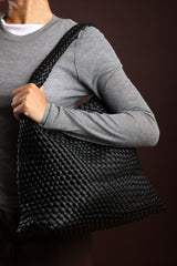 Stone Weave Detail Black Faux Leather Shoulder Bag
