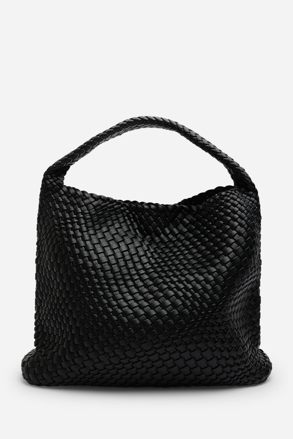Stone Weave Detail Black Faux Leather Shoulder Bag