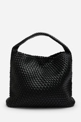 Stone Weave Detail Black Faux Leather Shoulder Bag