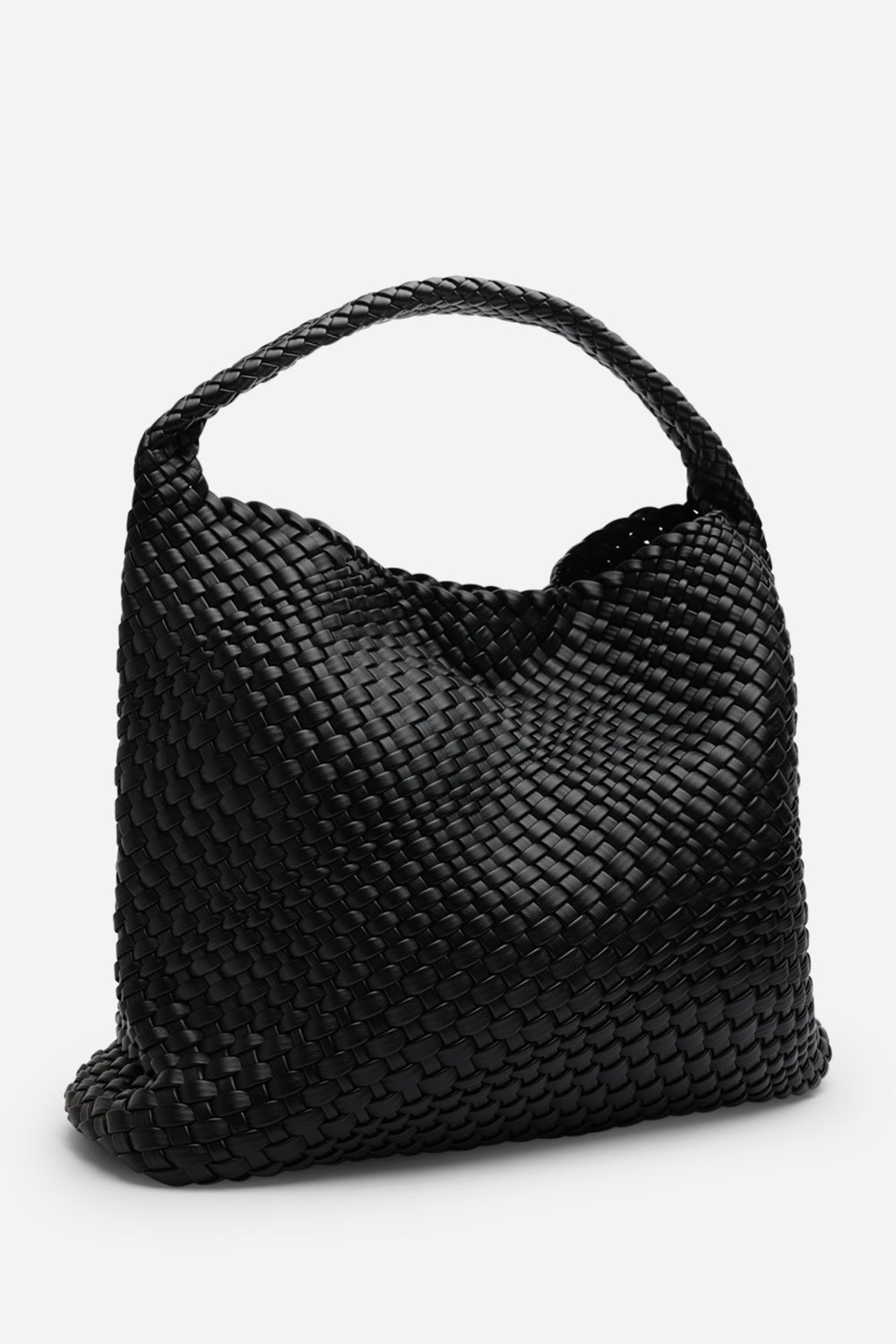 Stone Weave Detail Black Faux Leather Shoulder Bag