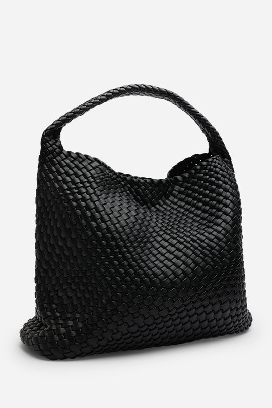 Stone Weave Detail Black Faux Leather Shoulder Bag
