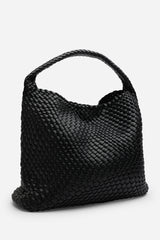 Stone Weave Detail Black Faux Leather Shoulder Bag