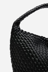 Stone Weave Detail Black Faux Leather Shoulder Bag