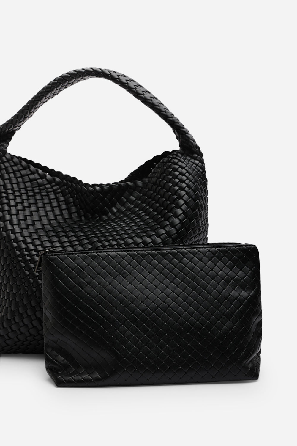 Stone Weave Detail Black Faux Leather Shoulder Bag