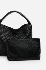Stone Weave Detail Black Faux Leather Shoulder Bag