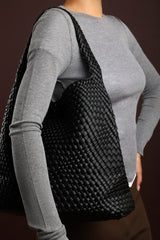 Stone Weave Detail Black Faux Leather Shoulder Bag
