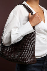 Stone Weave Detail Dark Brown Faux Leather Shoulder Bag