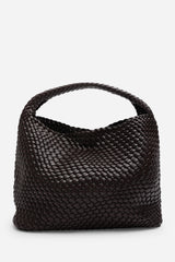 Stone Weave Detail Dark Brown Faux Leather Shoulder Bag