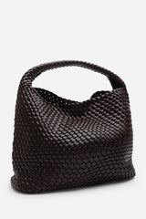Stone Weave Detail Dark Brown Faux Leather Shoulder Bag