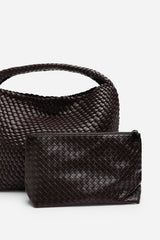 Stone Weave Detail Dark Brown Faux Leather Shoulder Bag