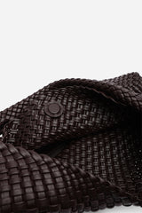 Stone Weave Detail Dark Brown Faux Leather Shoulder Bag