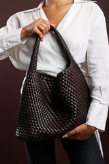 Stone Weave Detail Dark Brown Faux Leather Shoulder Bag