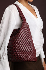 Stone Weave Detail Maroon Faux Leather Shoulder Bag