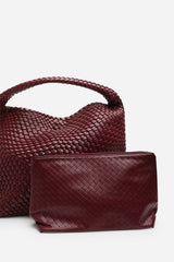 Stone Weave Detail Maroon Faux Leather Shoulder Bag
