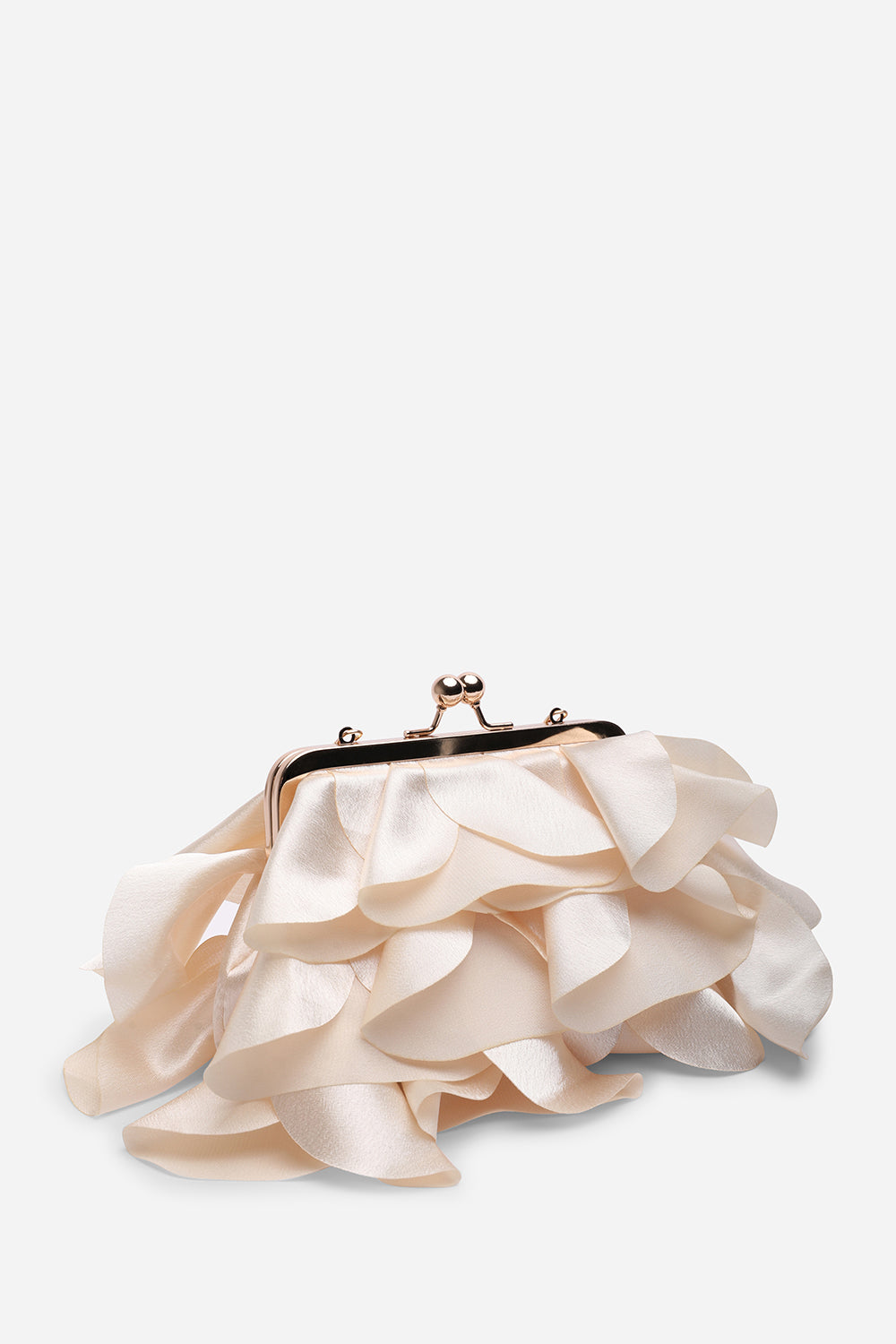 Brume Ruffled Satin Kiss Lock Clutch Bag in Champagne