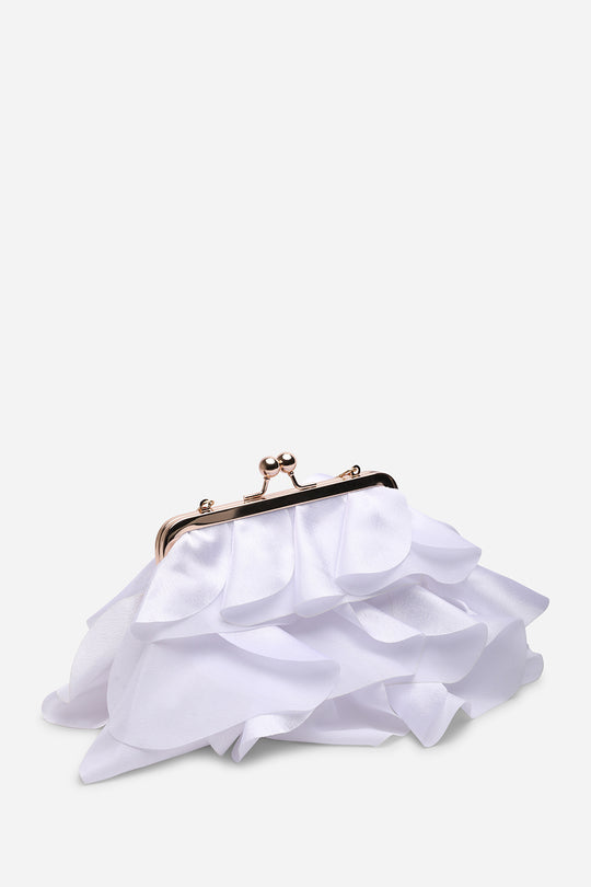 Brume Ruffled Satin Kiss Lock Clutch Bag in White