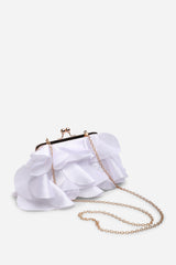 Brume Ruffled Satin Kiss Lock Clutch Bag in Silver