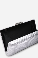 Veil Embellished Hard Case Evening Clutch Bag in Silver