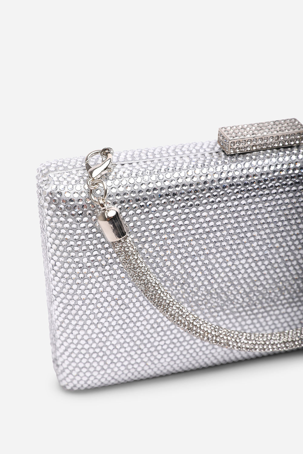 Veil Embellished Hard Case Evening Clutch Bag in Silver