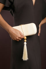 Falcon Marble Finish Tassel Clutch Bag In White Gold