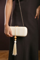 Falcon Marble Finish Tassel Clutch Bag In White Gold