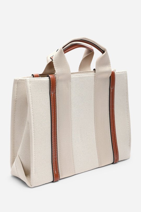 Margaret Canvas Stripe Tote Bag in Light Brown with Cross Body Strap